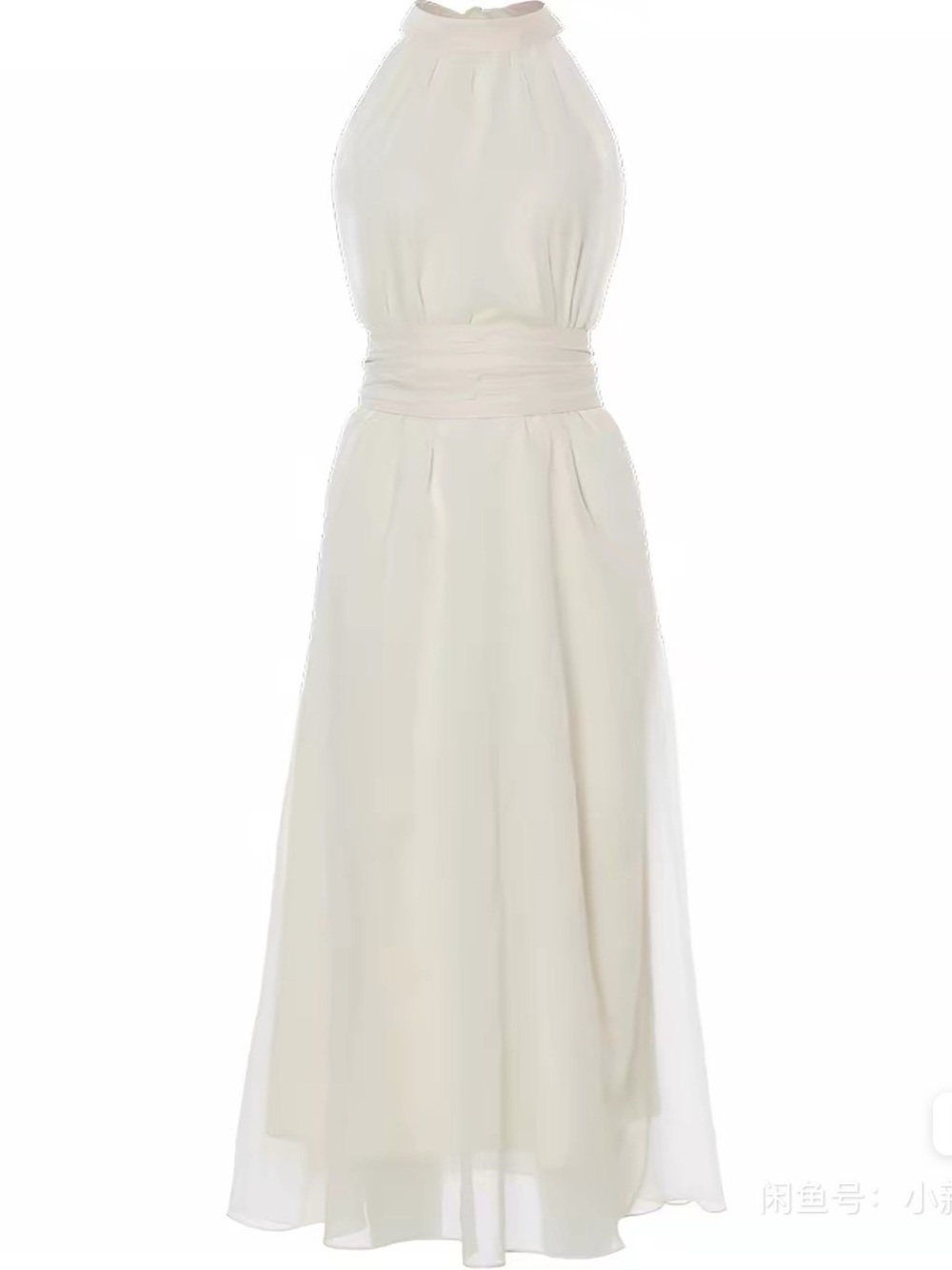 Cream Halter Midi Dress with Pleated Waist